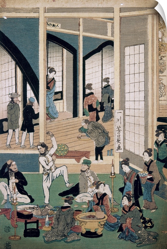 Yokohama, Restaurant, 1861. Entertainment For Foreigners At A Restaurant In the Gankiro District, Yokohama, Japan. Woodblo...