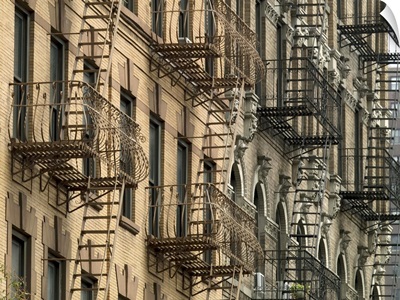 Fire escapes on a brownstone in New York City, 2007