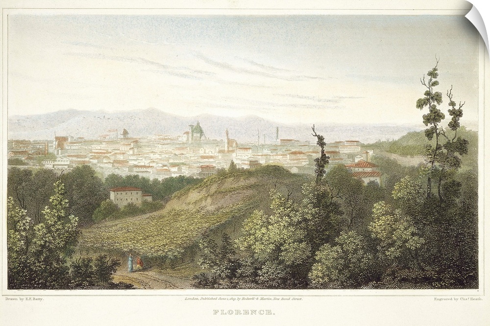 Florence, Italy, 1819. View Of the City Of Florence, Italy. Steel Engraving, English, 1819, After A Drawing By Elizabeth F...