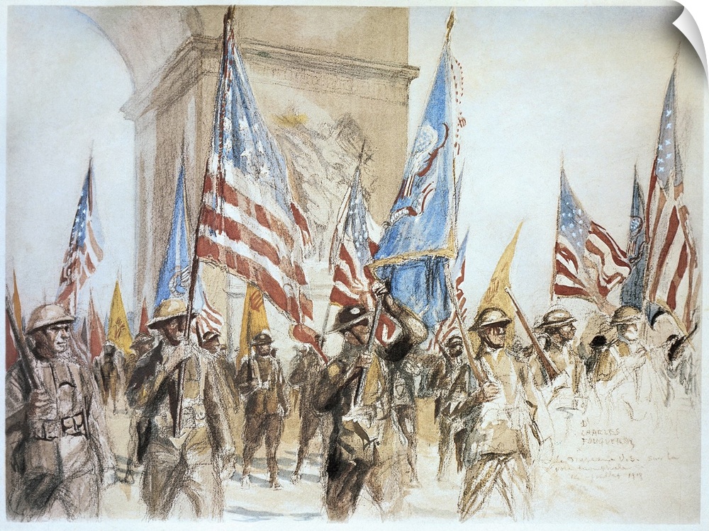 French and American troops marching near the Arc de Triomphe in Paris, on Bastille Day, 14 July 1919. Drawing by Charles F...