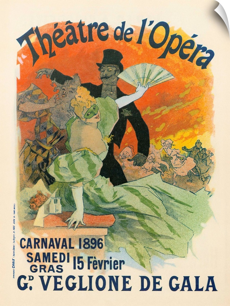 French poster for a costume gala at the Theatre de l'Opera in Paris, France. Lithograph by Jules Cheret, 1896.
