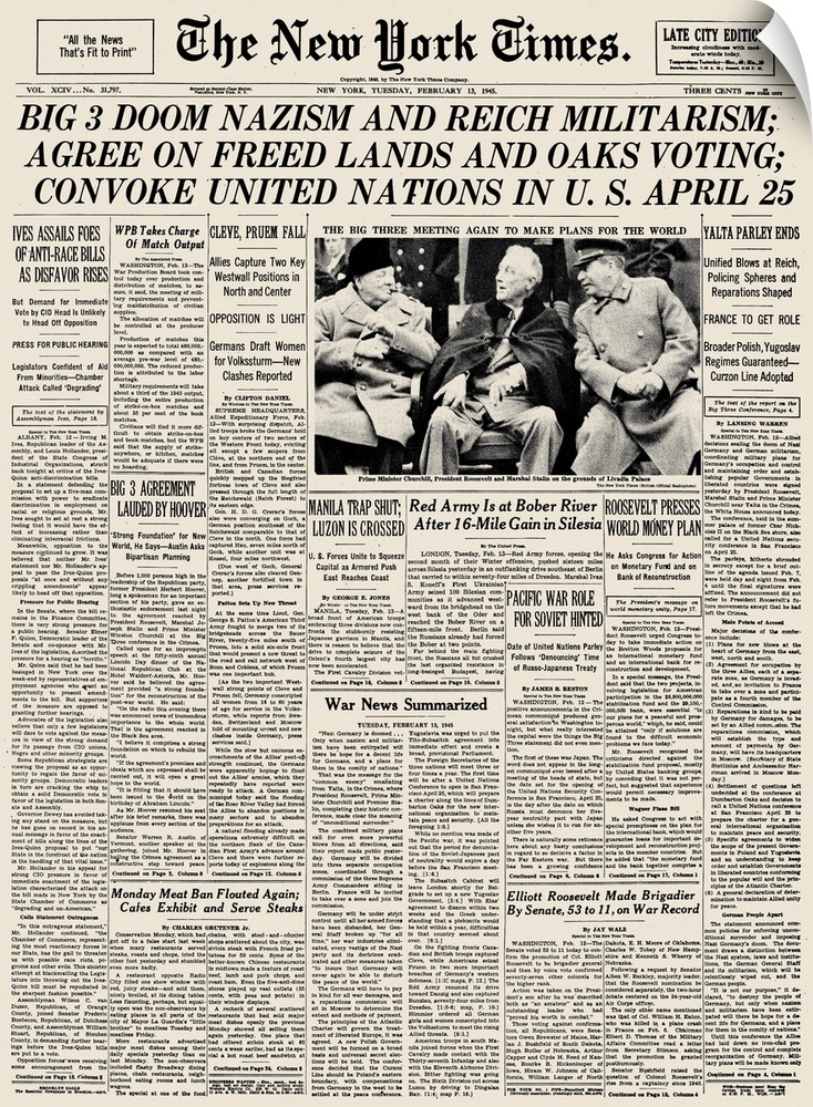 Front page of The New York Times, 13 February 1945, reporting on the Yalta Conference towards the end of World War II in E...