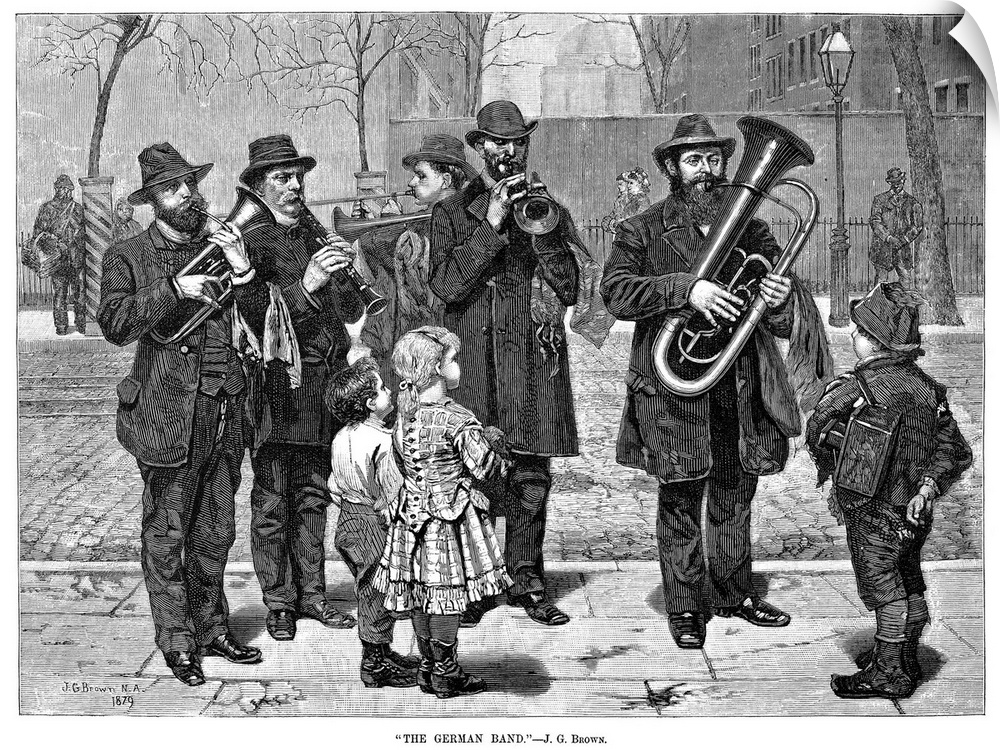 A German street band performing in New York City. Wood engraving, American, 1879, after a painting by John George Brown.