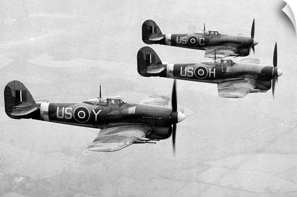 Three Hawker Typhoon fighter aircrafts of the British Royal Air Force, 1943.
