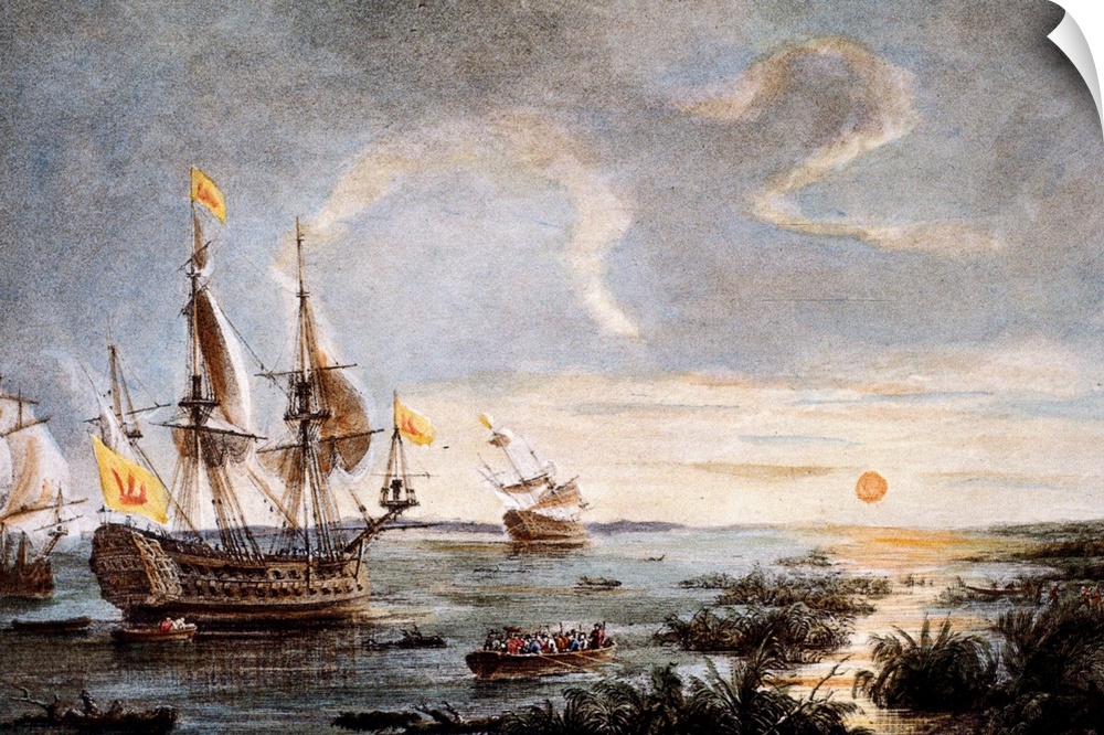 (c1496-1542). Spanish explorer in America. De Soto putting into Tampa Bay, Florida, in 1539. Color etching, 19th century.