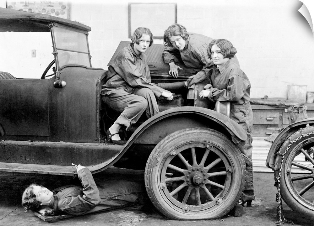 A group of high school girls learning automobile mechanics at Central High School in Washington, D.C., 1927.