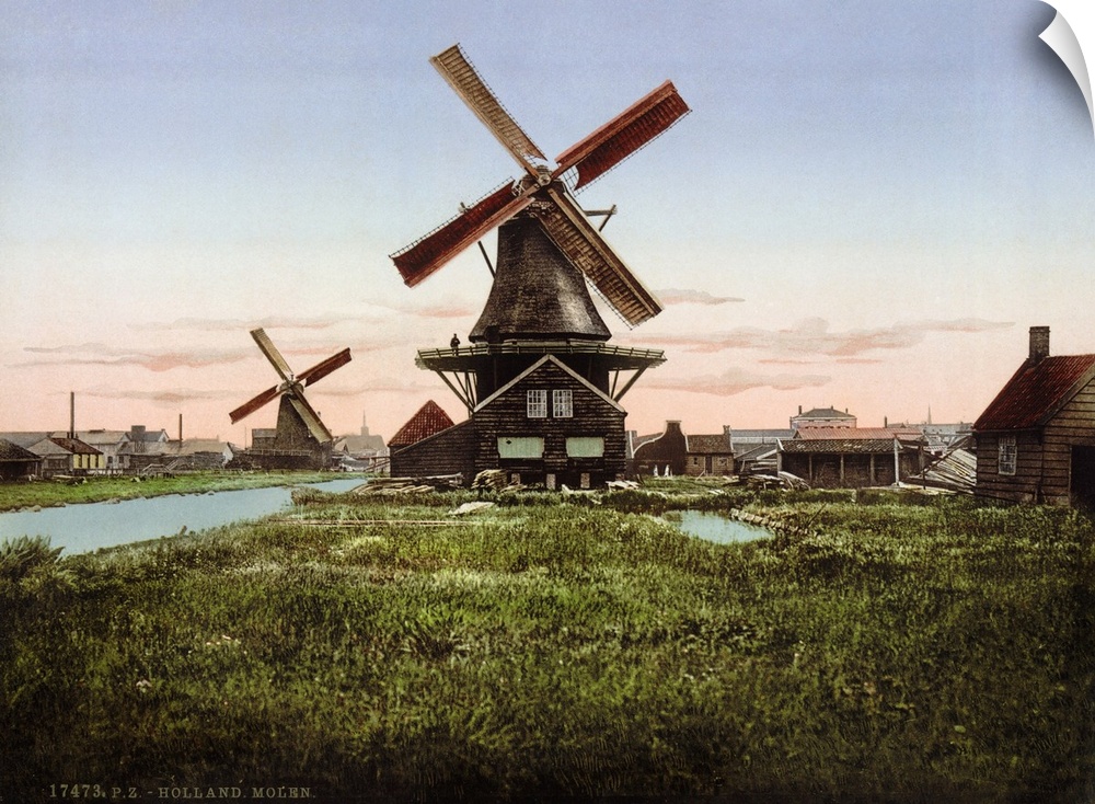 Holland, Windmill. Scenic View Two Windmills In Holland. Photochrome Print, C1890-1900.
