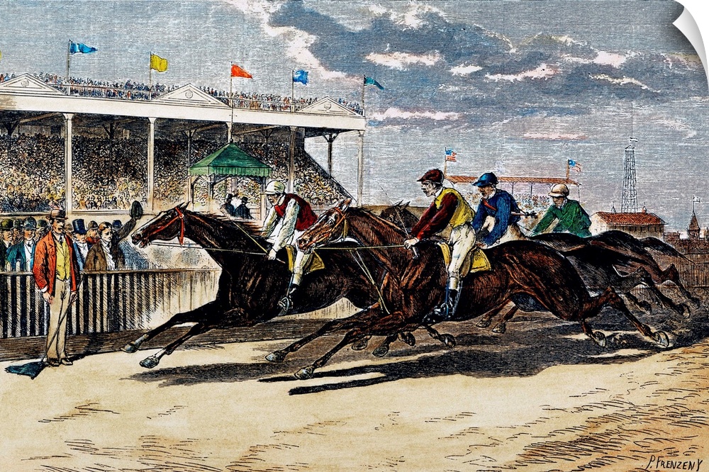 Racing at the Brighton Beach Fair Grounds in Brooklyn, New York. Line engraving, American, 1879, after a drawing by Paul F...