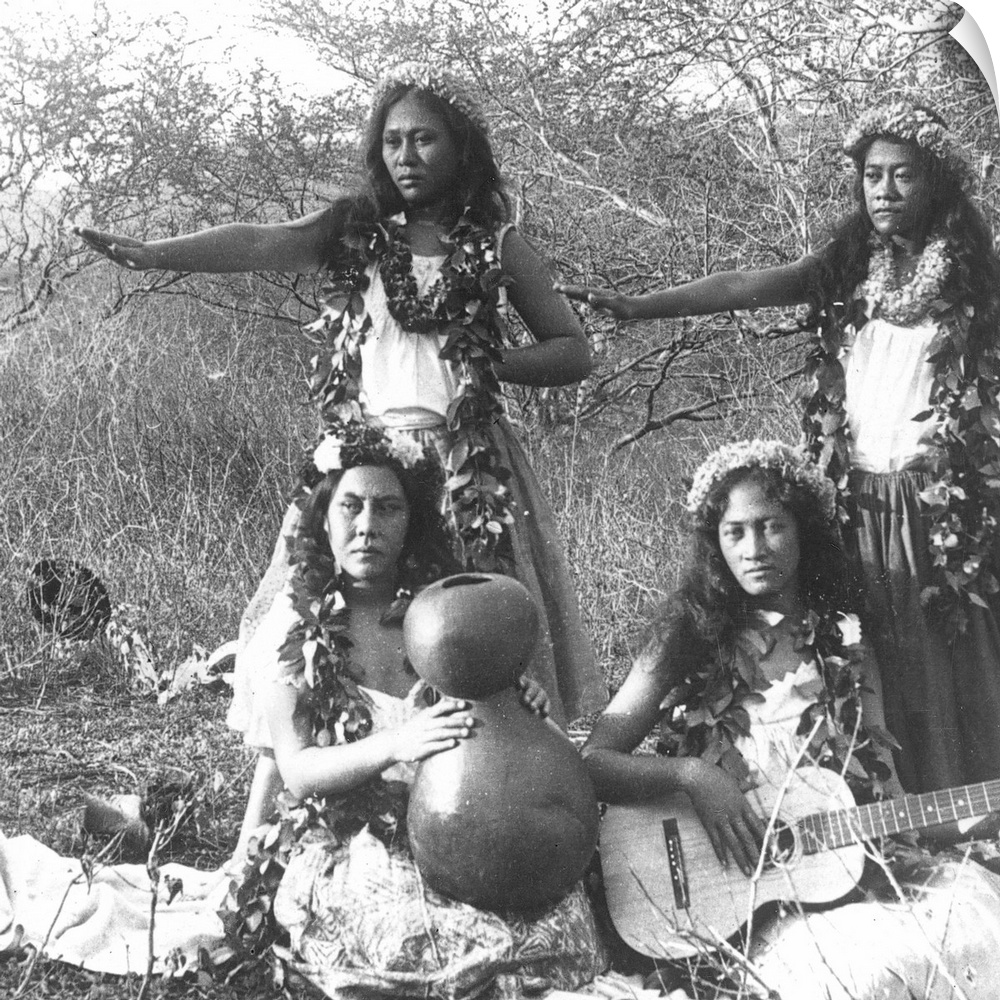 Hula Dancers, C1905. In the Crater Of Punch Bowl Mountain, Oahu, Hawaii. Panel Of Stereograph.