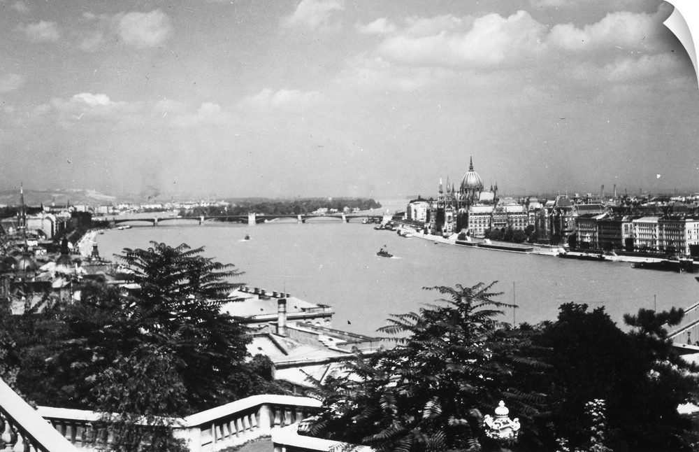 Pest, as seen from the heights of Buda, with the river Danube and the cupola of the Parliament building during World War I...