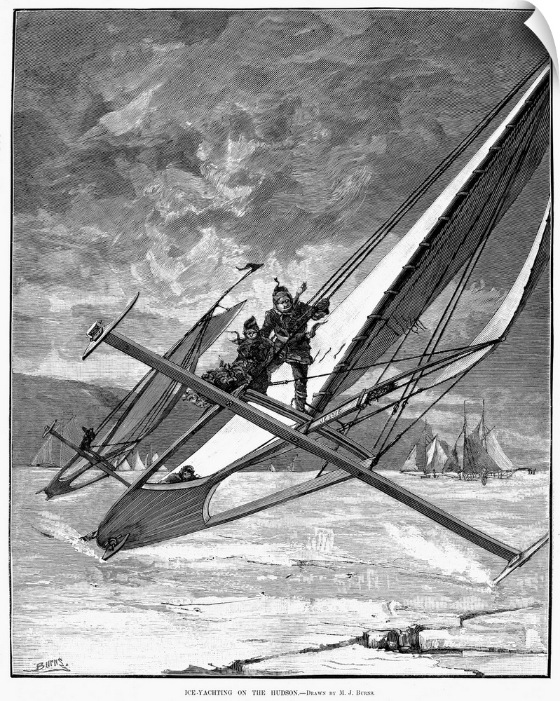 'Ice-yachting on the Hudson.' Wood engraving, American, 1883.