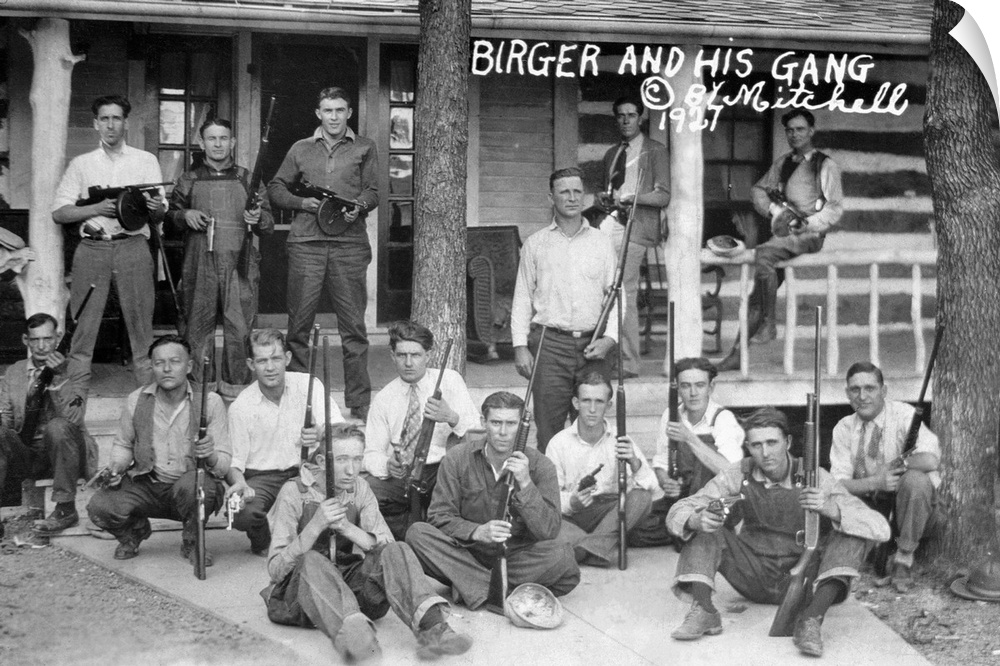 A portrait on a postcard of 'Birger and His Boys,' an American gang lead by Charlie Birger that operated in southern Illin...