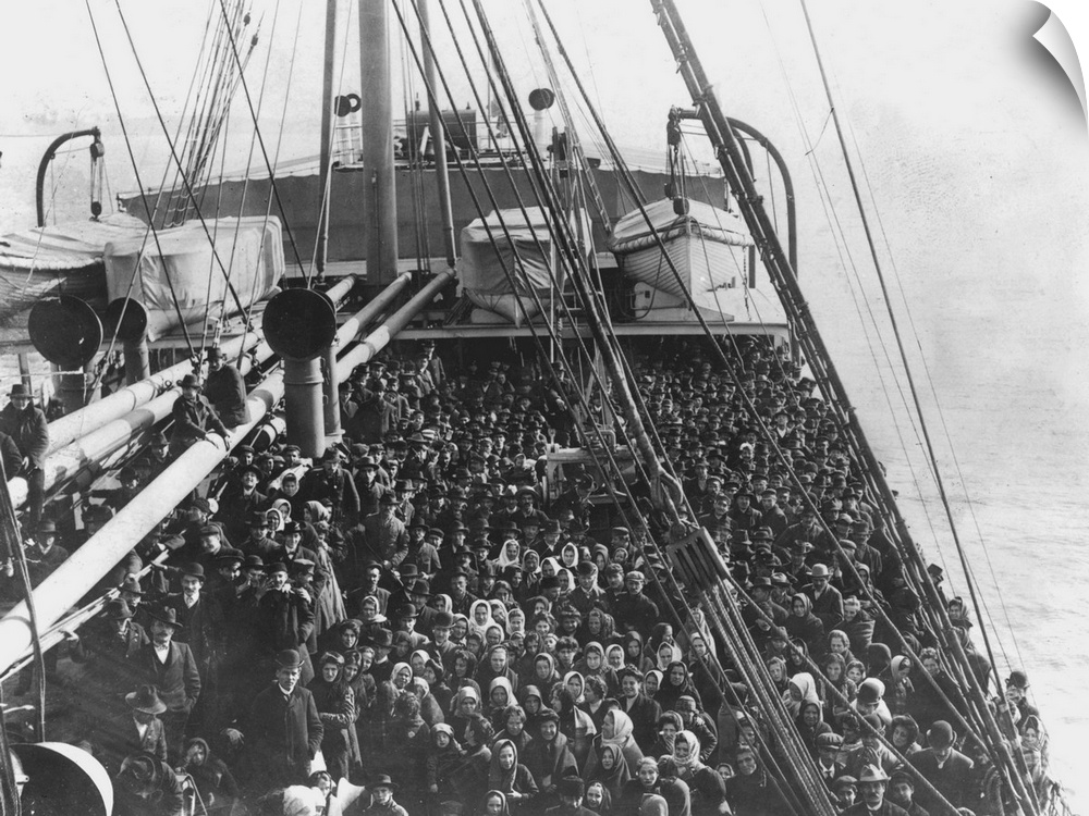 Immigrants on the 'S.S. Patricia' in New York harbor en route to Ellis Island, 1906.