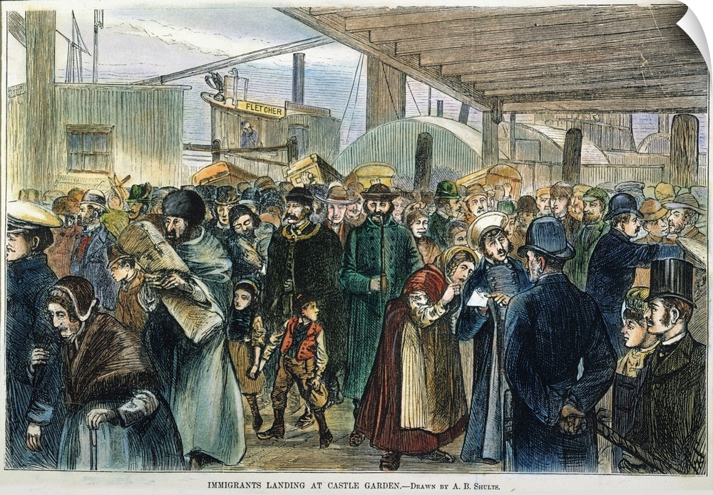 Immigrants landing at Castle Garden, New York City 1880. Contemporary colored engraving.