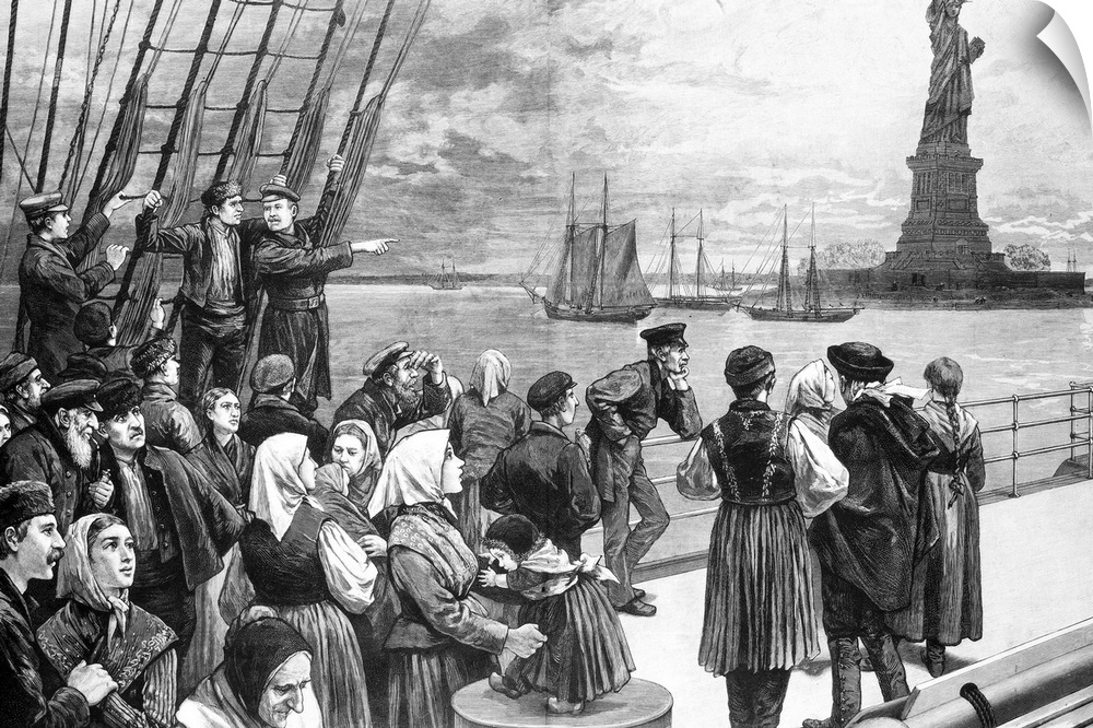 Immigrants on the steerage deck of an ocean steamer passing the Statue of Liberty in New York Harbor. Engraving, 1887.