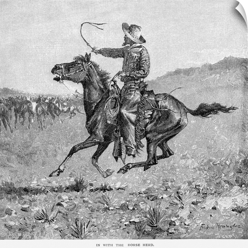 In With the Horse Herd. Wood Engraving, 1888, After A Drawing By Frederic Remington (1861-1908).