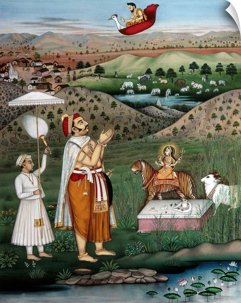 India, Nobleman. A Nobleman Of Udaipur Encountering Hindu Dieties. Indian Miniature Painting.