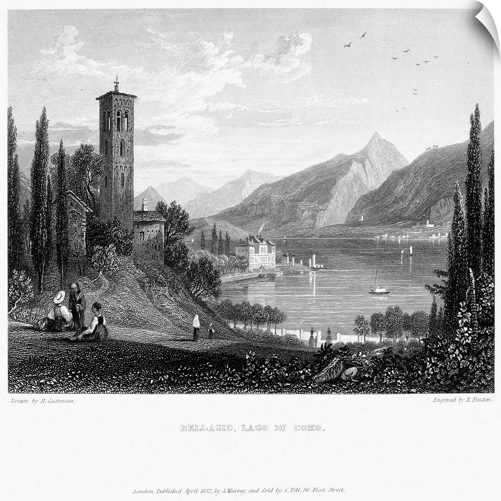 Italy, Bellagio, 1832. Lake Como (Lago Di Como) In Bellagio, Italy. Steel Engraving, English, 1832.