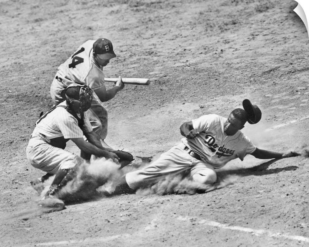 John Roosevelt Robinson, known as Jackie. American baseball player. As a member of the Brooklyn Dodgers, stealing home und...
