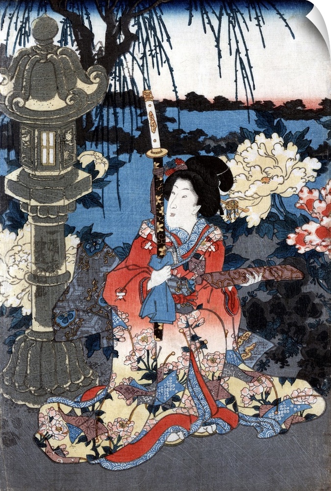 Japan, Woman In Garden. A Woman Seated Beside Giant Peonies In A Garden In Japan. Woodblock Print By Utagawa Kunisada II, ...