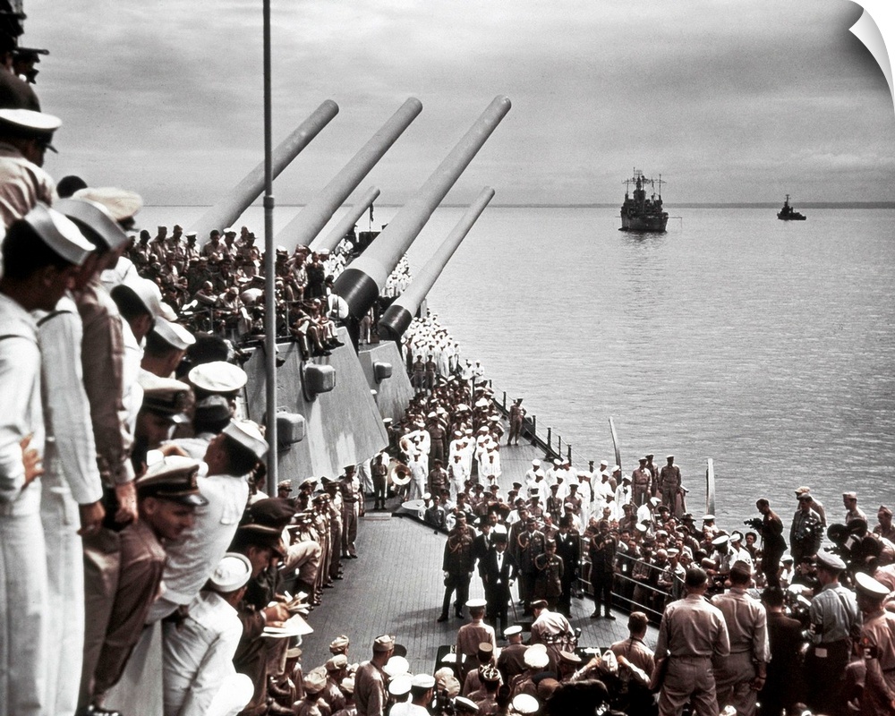A view of the Japanese representatives at the surrender ceremonies on board the USS Missouri in Tokyo Bay, 2 September 194...