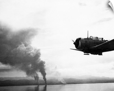 Japanese transport burning on Guadalcanal during the Battle of Solomon Islands, 1942