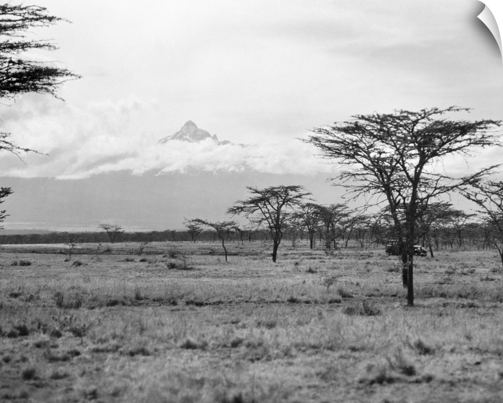 Landscape view in Kenya, with Mount Kenya seen in the distance. Photographed in 1936.