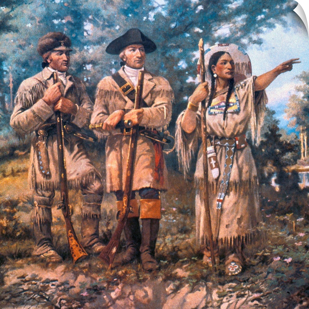 Explorers Meriwether Lewis (center) and William Clark with the guide Sacagawea at Three Forks of the Missouri, 1805. Detai...