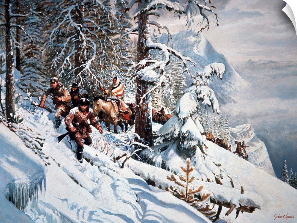 Lewis and Clark, with their guide Sacagawea (on horseback), in the Bitterroot Mountains in present-day Idaho, September 18...