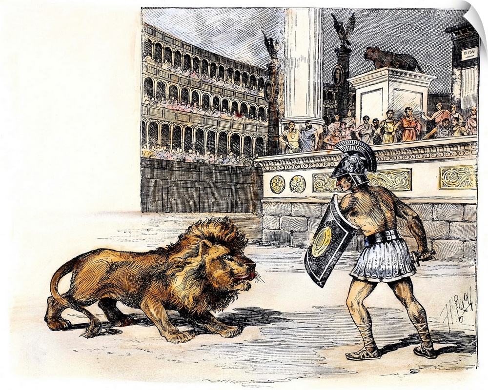 Lion and Gladiator. Contest Between A Lion And A Condemned Criminal In the Arena In Ancient Rome. Line Engraving, American...