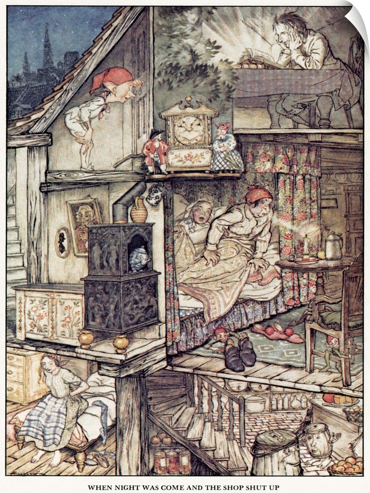 'When night was come and the shop shut up.' Drawing by Arthur Rackham for the fairy tale by Hans Christian Andersen.