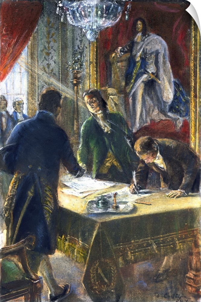 The signing of the Louisiana Purchase by (left to right) Marquis Fran?ois de Barbe-Marbois, Robert Livingston, and James M...