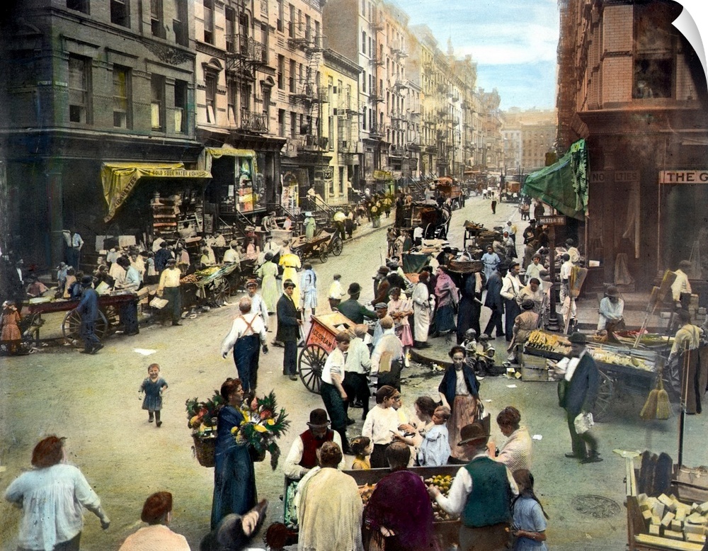 The intersection of Orchard and Hester Streets on NYC's Lower East Side: oil over a photograph, c. 1905.