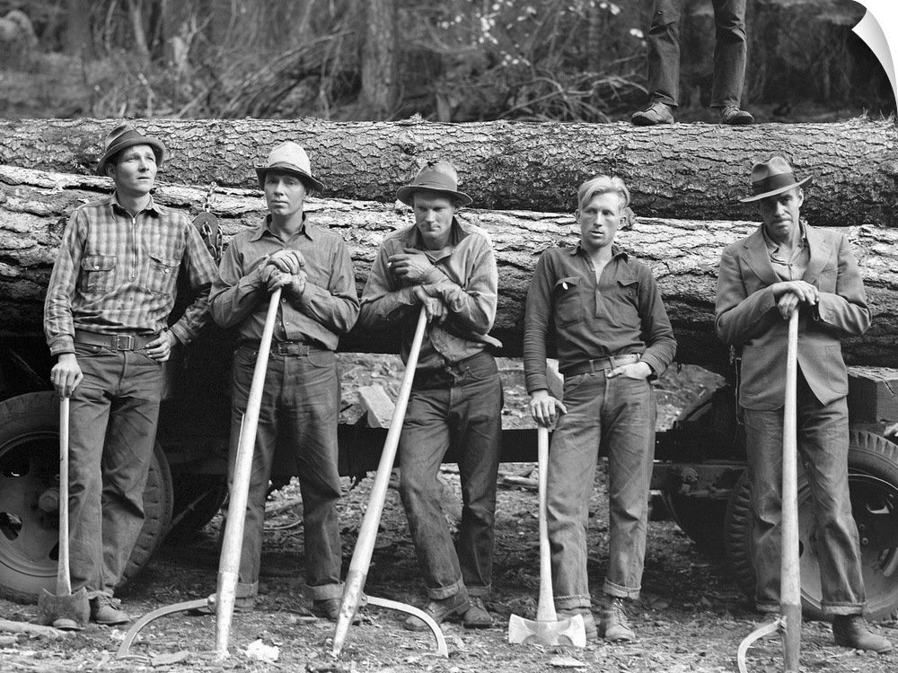 Five lumberjacks of the Ola self-help sawmill cooperative, Gem County, Idaho. Photograph by Dorothea Lange, October 1939.