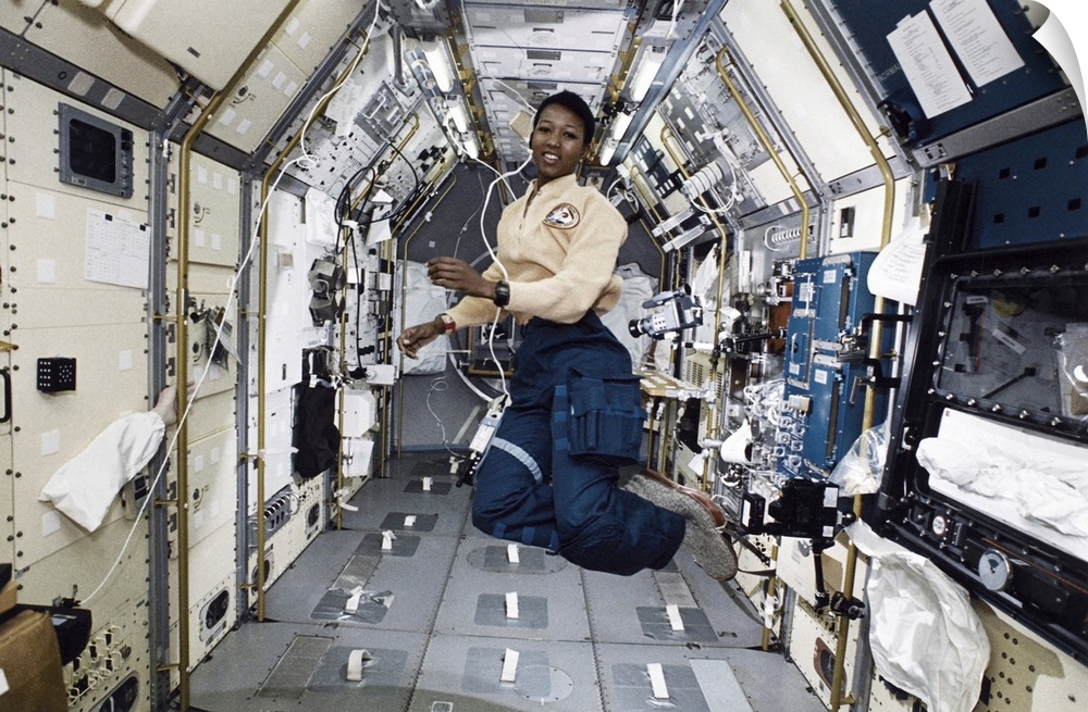 MAE JEMISON (1956- ). American astronaut and physician. Photographed in zero gravity onboard the Space Shuttle Endeavour d...