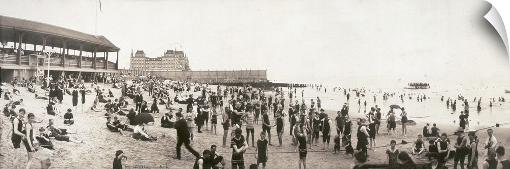 Crowd at Manhattan Beach situated on the eastern end of Coney Island, Brooklyn, New York. Panorama, c1902.