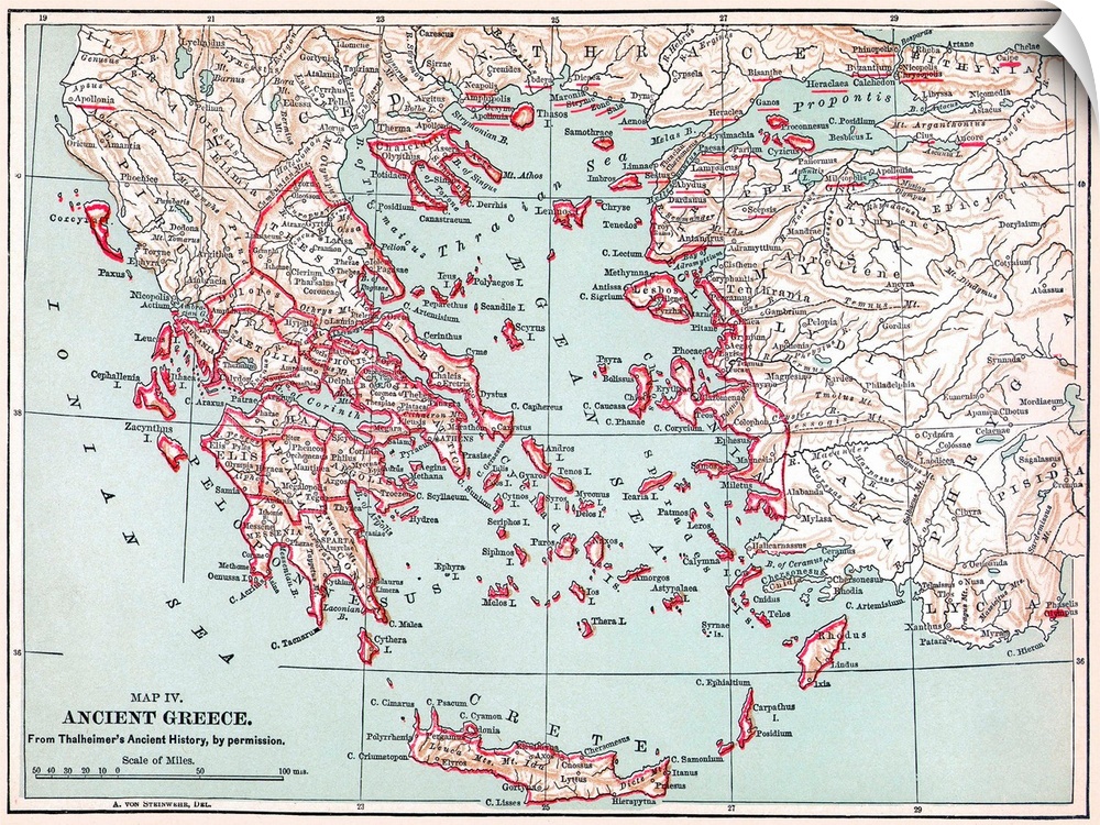 Map, Ancient Greece. Map Of Ancient Greece. Line Engraving, Late 19th Century.