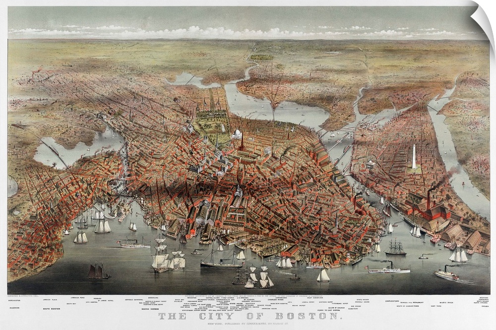 Map, Boston, C1873. 'The City Of Boston.' Bird's-Eye View Of Boston, Massachusetts. Chromolithograph, c1873.
