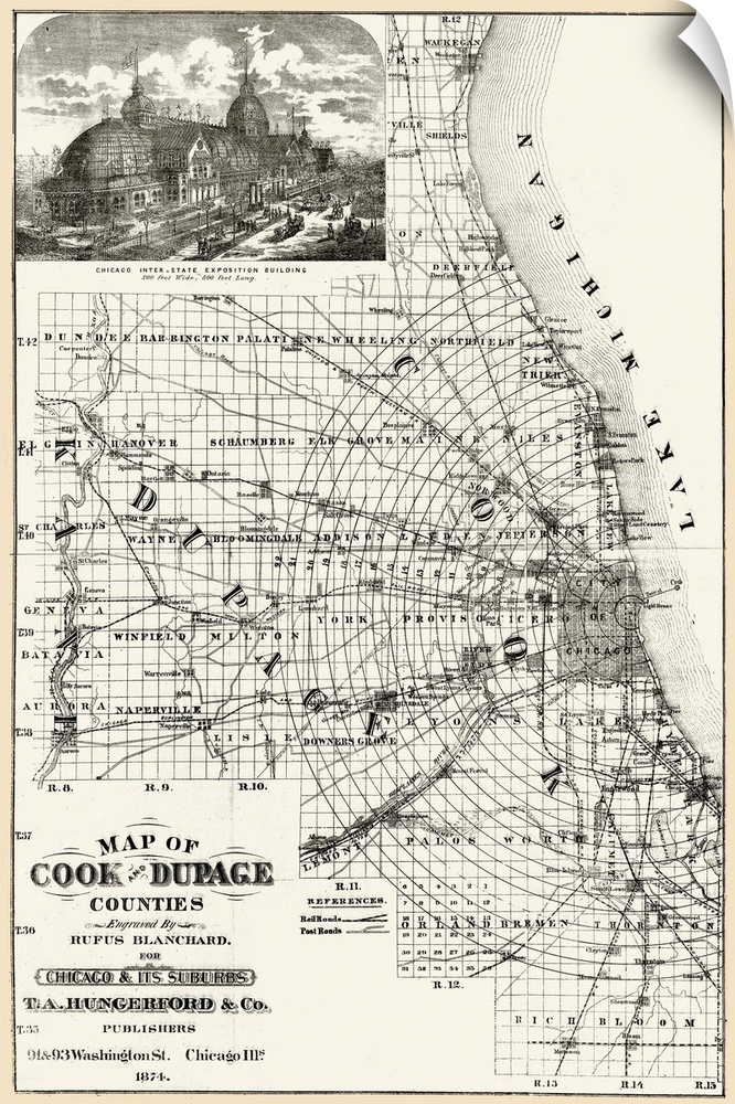 Map, Chicago, 1874. Map Of Cook And Dupage Counties, Illinois, Including the City Of Chicago, With An Inset At Upper Left ...