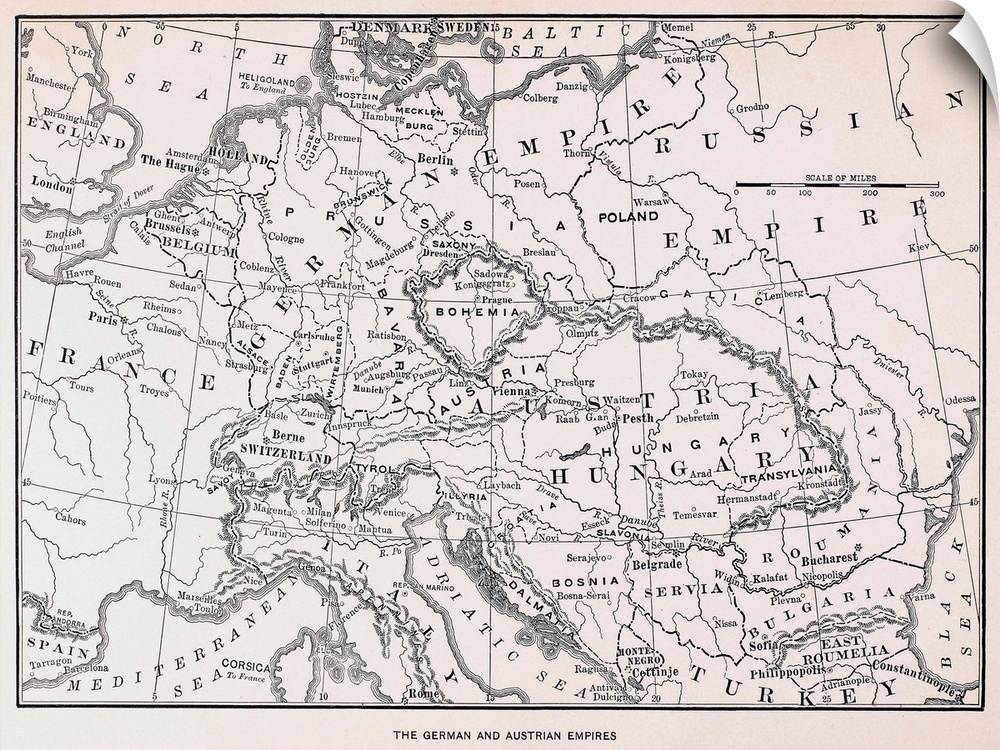 Map, Germany And Austria. the German And Austrian Empires. Line Engraving, 19th Century.