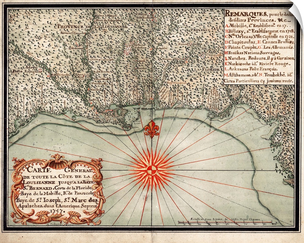 Map, Gulf Coast, 1747. 'Carte General De Toute La Cote De La Louisianne...' By Alexandre De Batz, 1747.