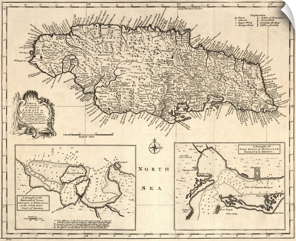 Map, Jamaica, 1752. British Map Of the Island Of Jamaica, Divided Into Its Principal Parishes, Published 1752.