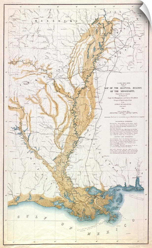 Map, Mississippi River, 1861. 'Map Of the Alluvial Region Of the Mississippi.' Drawn By Charles Mahon, 1861.
