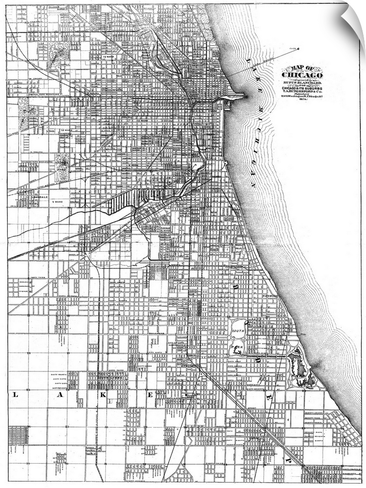 Map, Chicago, 1874. Map Of Chicago, Illinois, And Its Suburbs. Line Engraving, 1874, By Rufus Blanchard.