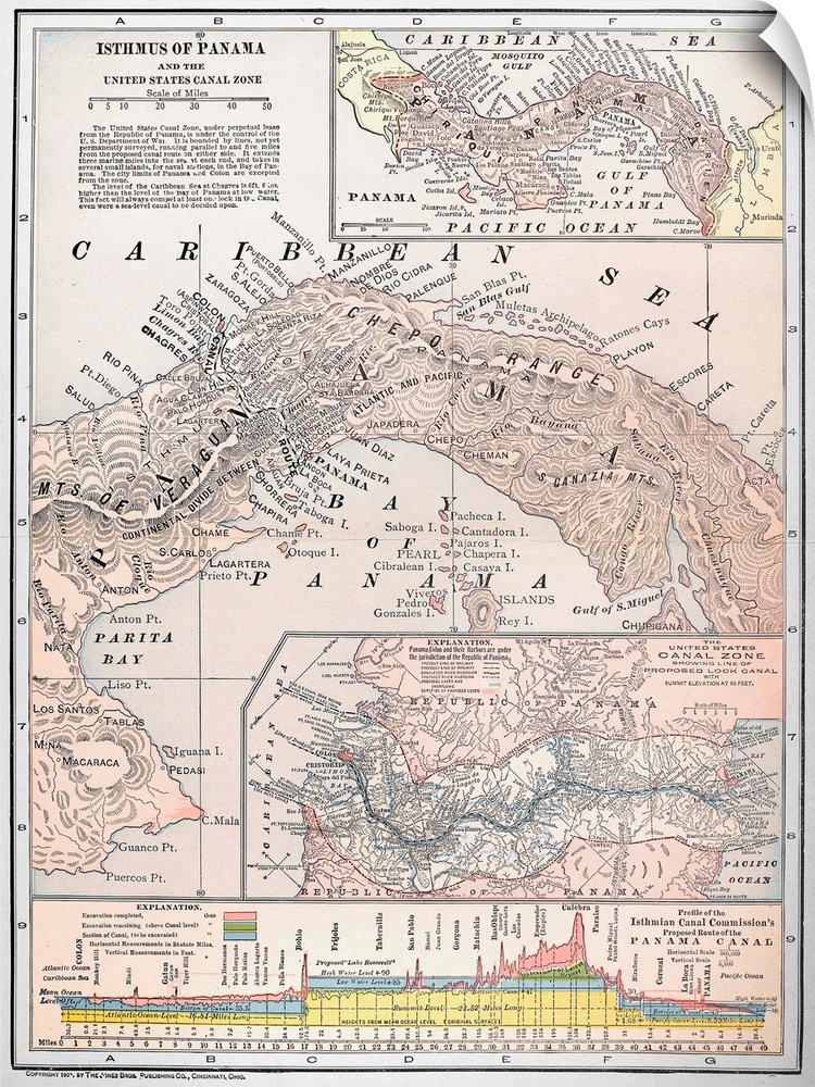 Map, Panama, 1907. Map Of Panama Showing the United States Canal Zone And Proposed Route Of Canal. Color Engraving, 1907.