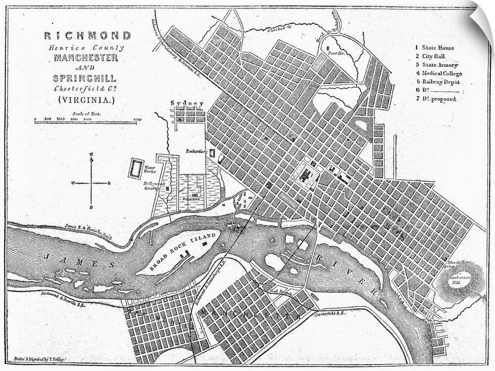 Map, Richmond, 1861. Map Of Richmond, Virginia, While It Was Capitol Of the Confederacy. Wood Engraving From An English Ne...