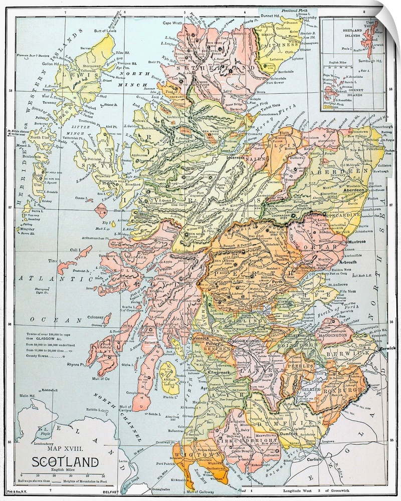 Map, Scotland. Line Engraving, 19th Century.