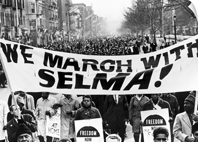 Marchers in Harlem, New York City, carrying banners, Civil Rights March, 1965