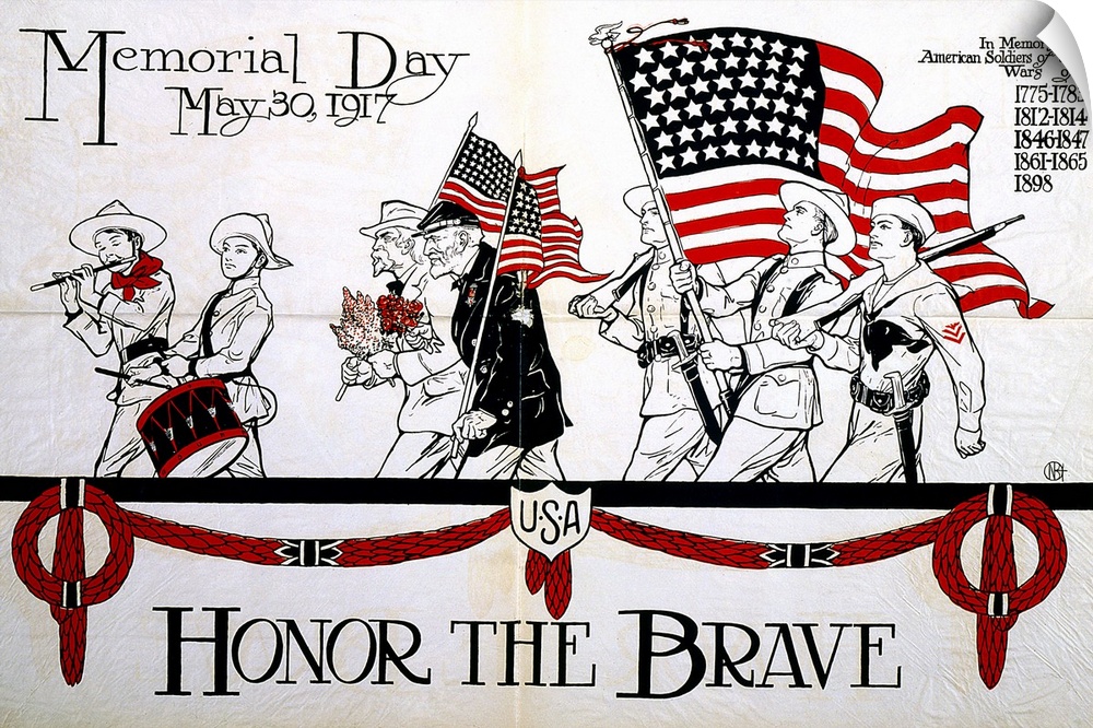 'Honor the Brave.' American recruitment poster showing a parade of veterans and soldiers for Memorial Day, 30 May 1917. Li...