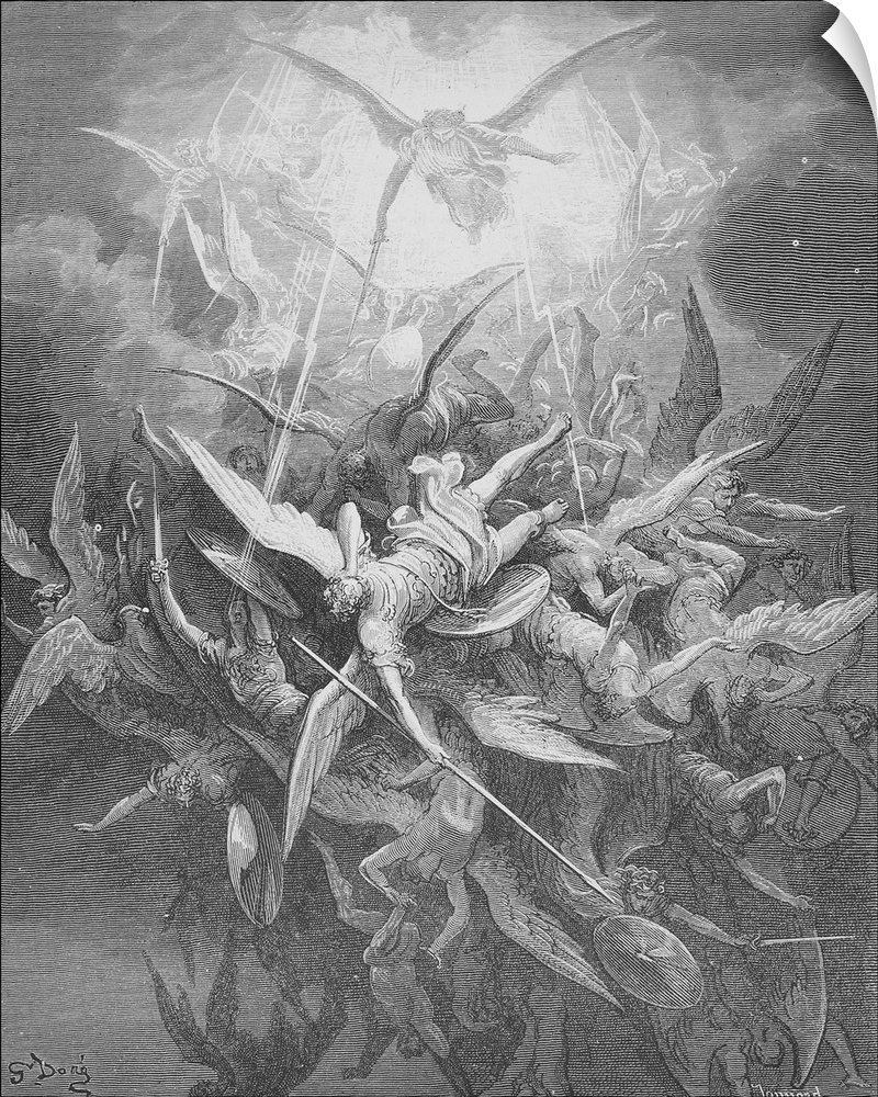 Satan and his rebellious angels are cast out of Heaven (Book I, lines 44-45). Originally a wood engraving after Gustave Do...